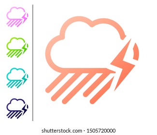 Coral Cloud with rain and lightning icon isolated on white background. Rain cloud precipitation with rain drops.Weather icon of storm. Set color icons. Vector Illustration