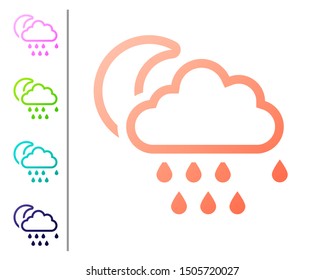 Coral Cloud with rain and moon icon isolated on white background. Rain cloud precipitation with rain drops. Set color icons. Vector Illustration
