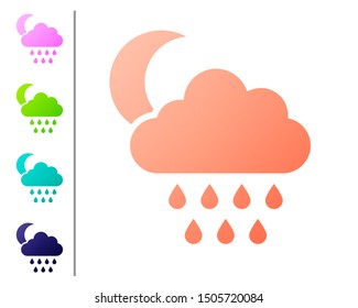 Coral Cloud with rain and moon icon isolated on white background. Rain cloud precipitation with rain drops. Set color icons. Vector Illustration