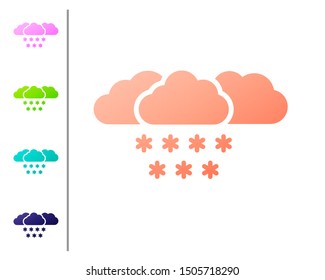 Coral Cloud with snow icon isolated on white background. Cloud with snowflakes. Single weather icon. Snowing sign. Set color icons. Vector Illustration