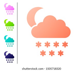 Coral Cloud with snow and moon icon isolated on white background. Cloud with snowflakes. Single weather icon. Snowing sign. Set color icons. Vector Illustration