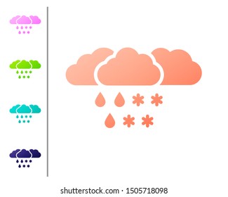 Coral Cloud with snow and rain icon isolated on white background. Weather icon. Set color icons. Vector Illustration