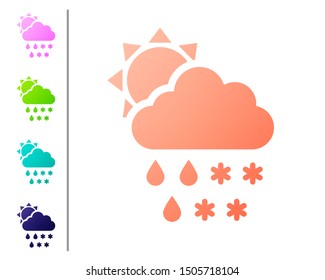 Coral Cloud with snow and rain icon isolated on white background. Weather icon. Set color icons. Vector Illustration