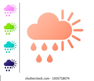 Coral Cloudy with rain and sun icon isolated on white background. Rain cloud precipitation with rain drops. Set color icons. Vector Illustration