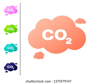 Coral CO2 emissions in cloud icon isolated on white background. Carbon dioxide formula symbol, smog pollution concept, environment concept. Set color icons. Vector Illustration
