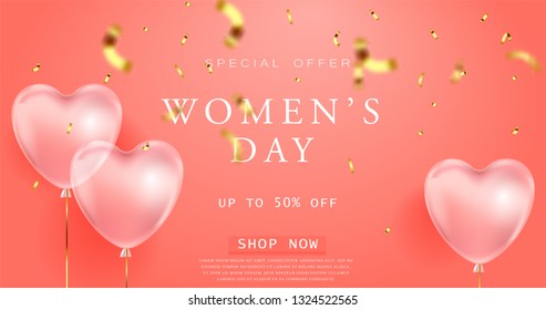 coral color background, beautiful realistic 3D balloons in the shape of a heart and confetti, a voucher, advertising discounts, a website banner for women's day. 8 march illustration