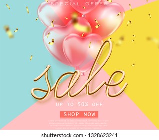 coral color background, beautiful realistic 3D balloons in the shape of a heart and confetti, a voucher, advertising discounts, a website banner for sale
