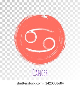 Coral color circle Cancer zodiac symbol vector, round hand painted horoscope sign. Astrological icon isolated. Cancer astrology zodiac sign clip art on transparent background.