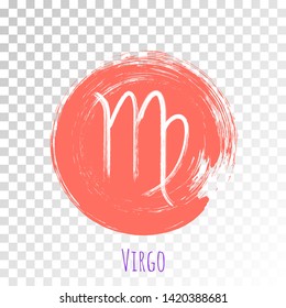 Coral color circle Virgo horoscope icon, round hand painted zodiac vector sign. Astrological icon isolated. Virgo astrology horoscope symbol clip art on transparent background.