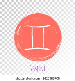 Coral color Gemini horoscope icon, round hand painted zodiac vector sign. Astrological icon isolated. Gemini astrology horoscope symbol clip art on transparent background.