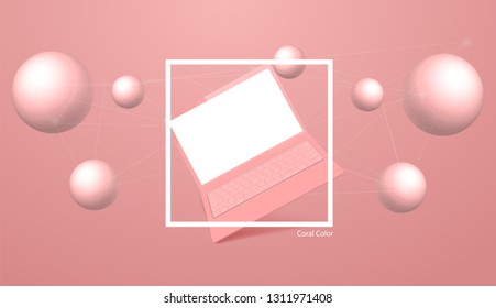 Coral color laptop mockup with perspective . Living Coral color of the year. Color trend palette.Vector