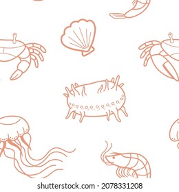 coral color line sea animals seamless pattern on white background shrimp crab and sea cucumber and jellyfish and seashell