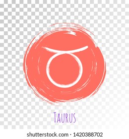 Coral color round Taurus zodiac sign, hand painted circle horoscope symbol vector. Astrological icon isolated. Taurus astrology zodiac symbol clip art on transparent background.