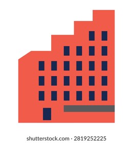 Coral colored building with dark blue windows and gray accents, modern architecture design