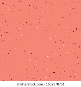 Coral colors terrazzo seamless pattern. Granite fragments texture backdrop. Italian flooring in Venetian style with natural stone, granite, quartz, marble, glass and concrete. Vector illustration.