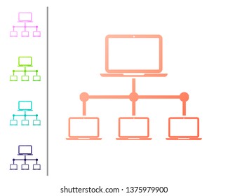 Coral Computer network icon isolated on white background. Laptop network. Internet connection. Set color icons. Vector Illustration