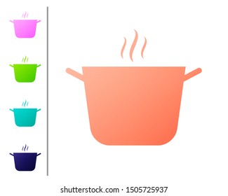 Coral Cooking pot icon isolated on white background. Boil or stew food symbol. Set color icons. Vector Illustration
