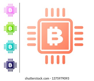 Coral CPU mining farm icon isolated on white background. Bitcoin sign inside microchip. Cryptocurrency mining community. Digital money. Set color icons. Vector Illustration