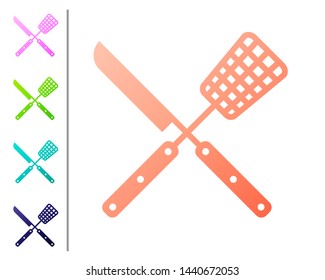 Coral Crossed fork and knife icon isolated on white background. BBQ fork and knife sign. Barbecue and grill tools. Set color icons. Vector Illustration