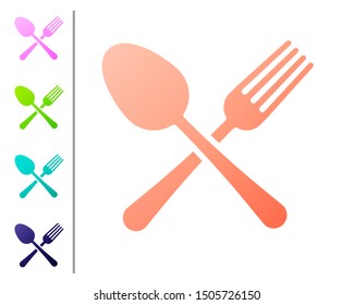 Coral Crossed fork and spoon icon isolated on white background. Cooking utensil. Cutlery sign. Set color icons. Vector Illustration