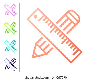 Coral Crossed ruler and pencil icon isolated on white background. Straightedge symbol. Drawing and educational tools. Set color icons. Vector Illustration