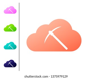 Coral Cryptocurrency cloud mining icon isolated on white background. Cloud with pickaxe, bitcoin, altcoins, digital money market, cryptocoin wallet. Set color icons. Vector Illustration