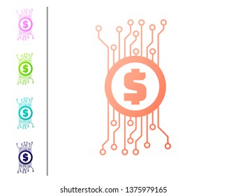 Coral Cryptocurrency concept bitcoin in circle with microchip circuit icon isolated on white background. Blockchain technology, digital money market. Set color icons. Vector Illustration