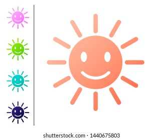 Coral Cute sun with smile icon isolated on white background. Funny smiling sun. Happy sunny smile. Set color icons. Vector Illustration