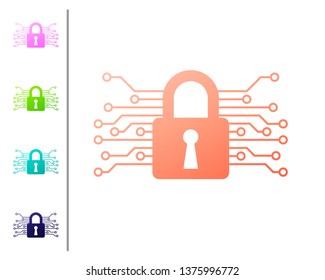 Coral Cyber security icon isolated on white background. Closed padlock on digital circuit board. Safety concept. Digital data protection. Set color icons. Vector Illustration