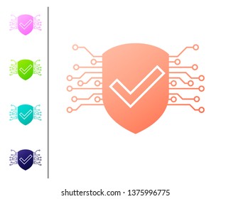 Coral Cyber security icon isolated on white background. Shield with check mark sign. Safety concept. Digital data protection. Set color icons. Vector Illustration