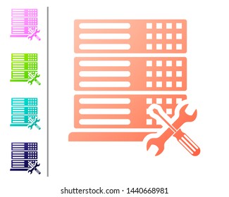 Coral Database server with screwdriver and wrench icon isolated on white background. Adjusting, service, setting, maintenance, repair, fixing. Set color icons. Vector Illustration