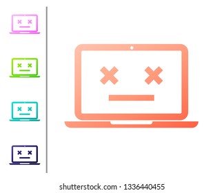 Coral Dead laptop icon isolated on white background. 404 error like laptop with dead emoji. Fatal error in pc system. Set icon in color buttons. Vector Illustration
