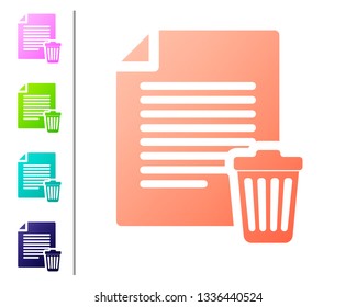 Coral Delete file document icon isolated on white background. Paper sheet with recycle bin sign. Rejected document icon. Cross on paper. Set icon in color buttons. Vector Illustration