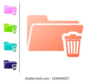 Coral Delete folder icon isolated on white background. Folder with recycle bin. Delete or error folder. Close computer information folder sign. Set icon in color buttons. Vector Illustration