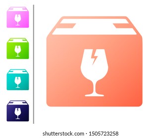 Coral Delivery package box with fragile content symbol of broken glass icon isolated on white background. Box, package, parcel sign. Set color icons. Vector Illustration