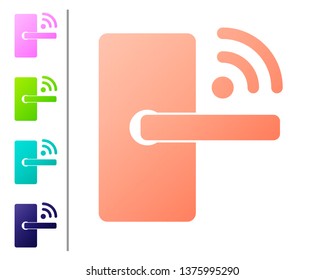 Coral Digital door lock with wireless technology for unlock icon isolated on white background. Door handle sign. Security smart home of concept. Set color icons. Vector Illustration