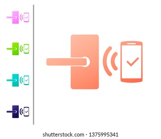Coral Digital door lock with wireless technology for unlock icon isolated on white background. Door handle sign. Security smart home of concept. Set color icons. Vector Illustration