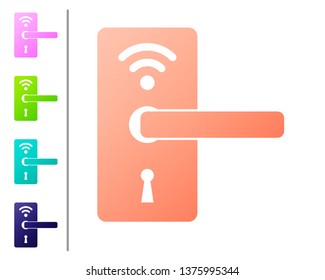 Coral Digital door lock with wireless technology for unlock icon isolated on white background. Door handle sign. Security smart home of concept. Set color icons. Vector Illustration