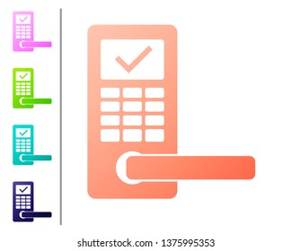 Coral Digital door lock with wireless technology for unlock icon isolated on white background. Door handle sign. Security smart home of concept. Set color icons. Vector Illustration