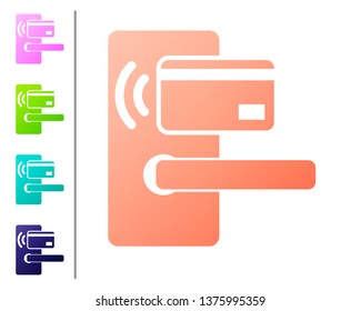 Coral Digital door lock with wireless technology for unlock icon isolated on white background. Door handle sign. Security smart home of concept. Set color icons. Vector Illustration