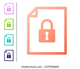 Coral Document and lock icon isolated on white background. File format and padlock. Security, safety, protection concept. Set color icons. Vector Illustration