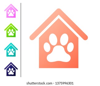 Coral Dog house and paw print pet icon isolated on white background. Dog kennel. Set color icons. Vector Illustration