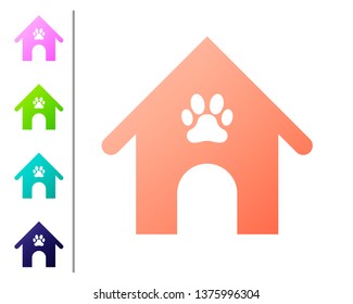 Coral Dog house and paw print pet icon isolated on white background. Dog kennel. Set color icons. Vector Illustration