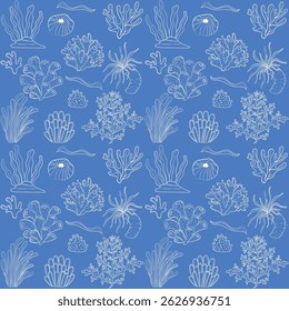 Coral doodle minimalista sin patrón. Diseño de flora submarina oceánica. Patrón de Vector aislado de dibujos animados.