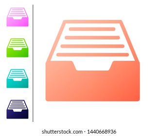 Coral Drawer with documents icon isolated on white background. Archive papers drawer. File Cabinet Drawer. Office furniture. Set color icons. Vector Illustration