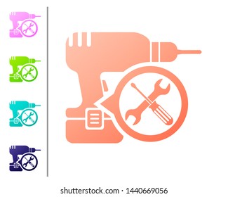 Coral Drill machine with screwdriver and wrench icon isolated on white background. Adjusting, service, setting, maintenance, repair, fixing. Set color icons. Vector Illustration