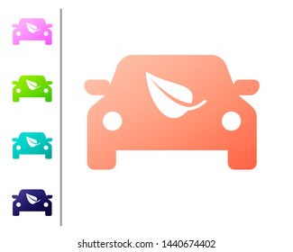 Coral Eco car concept drive with leaf icon isolated on white background. Green energy car symbol. Set color icons. Vector Illustration