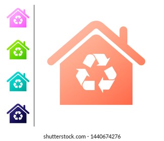 Coral Eco House with recycling symbol icon isolated on white background. Ecology home with recycle arrows. Set color icons. Vector Illustration