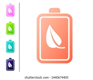 Coral Eco nature leaf and battery icon isolated on white background. Energy based on ecology saving concept. Set color icons. Vector Illustration