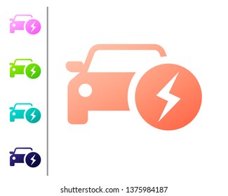Coral Electric car and electrical cable plug charging icon isolated on white background. Renewable eco technologies. Set icon in color buttons. Vector Illustration